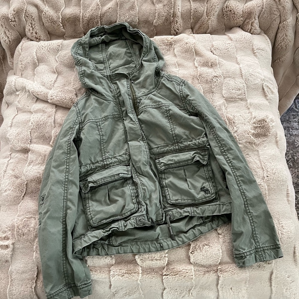 Abercrombie & Fitch Olive Utility Jacket with Plaid Lining